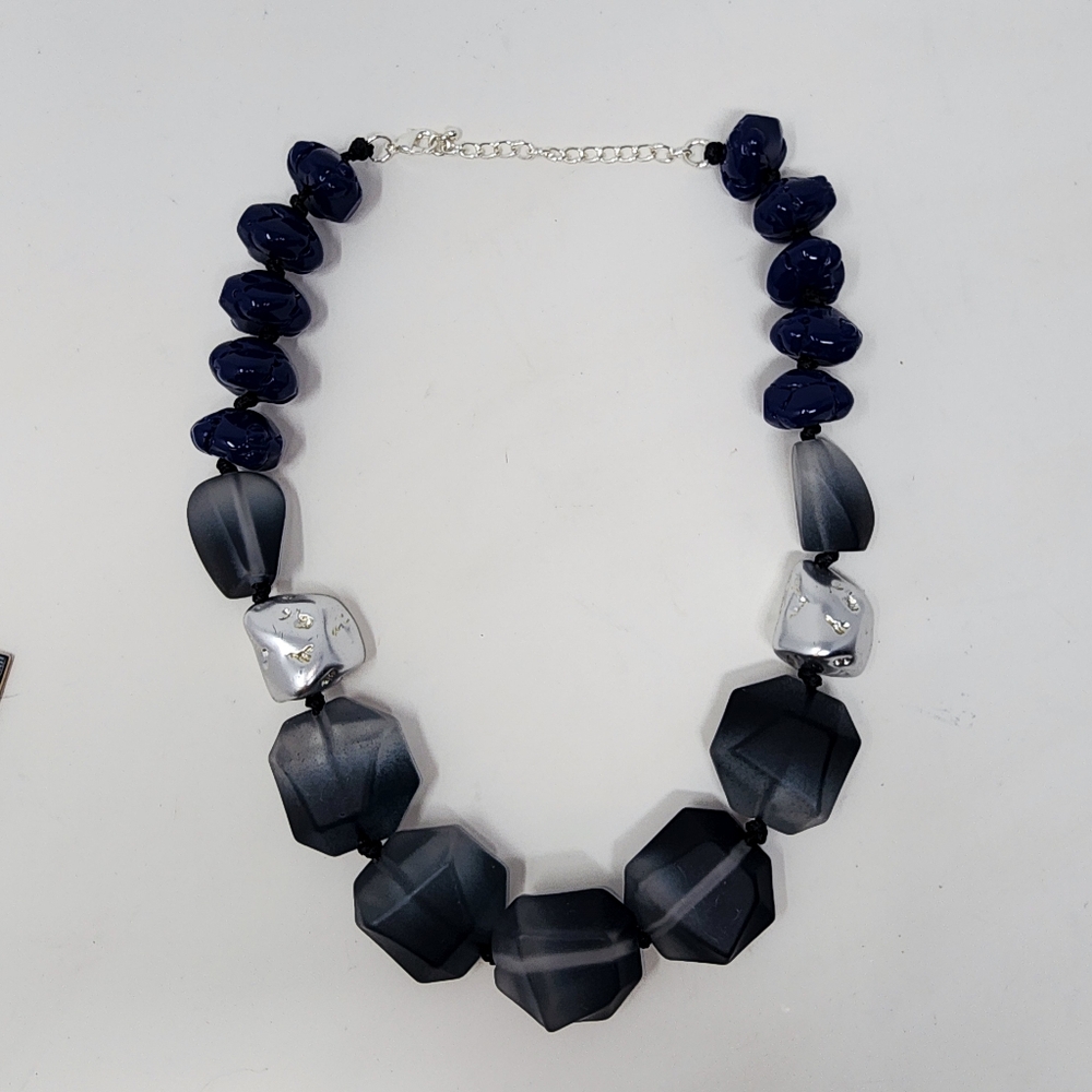 Oversized Blue Gray Beaded Statement Necklace Sil… - image 5